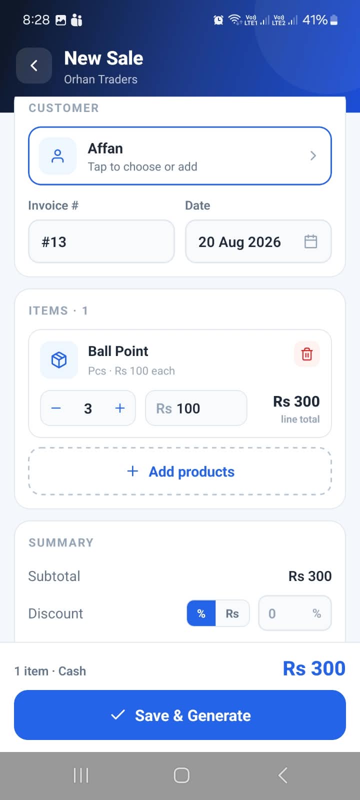 Smart Stock app — new sale screen